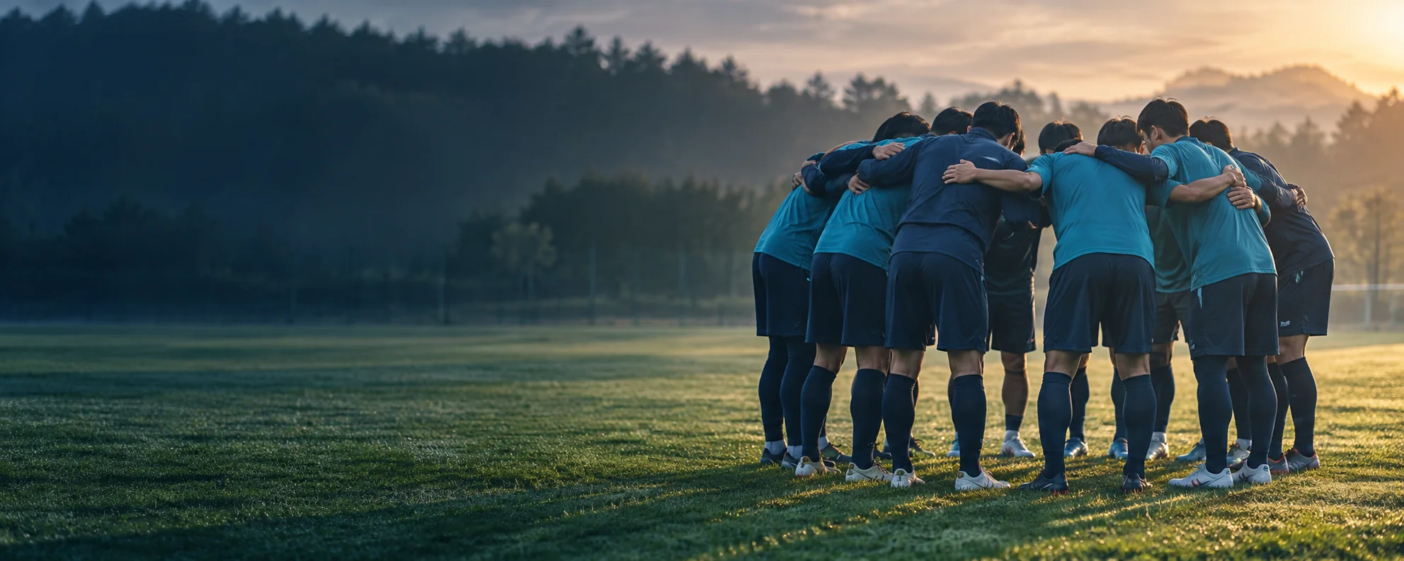 グラウンドで円陣を組み、試合に向かうチームのイメージ