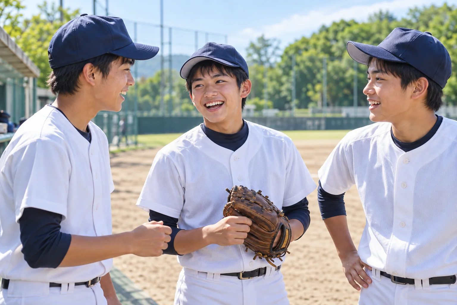 試合前に仲間と話す野球チームのイメージ