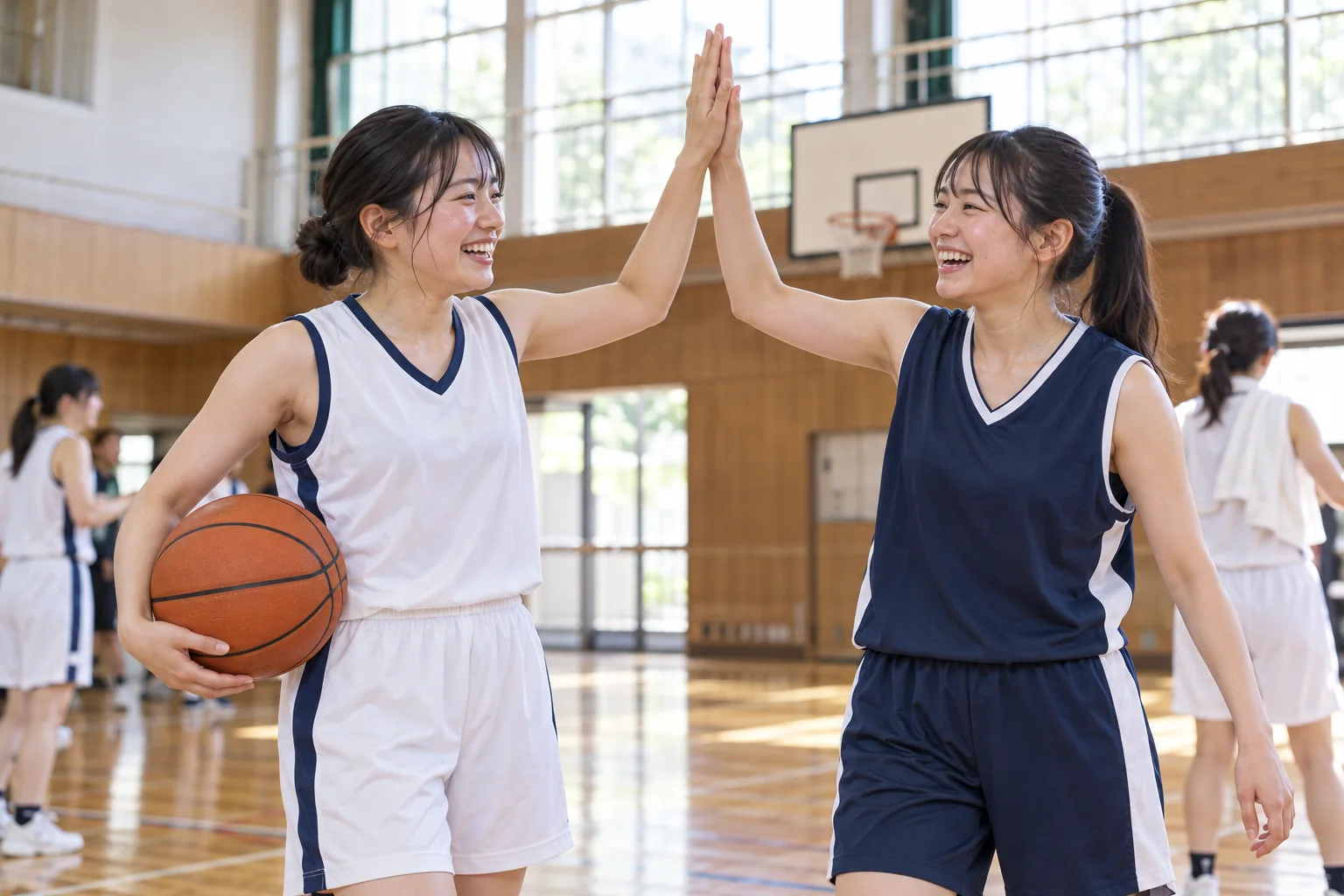 体育館でハイタッチをするバスケットボール選手のイメージ