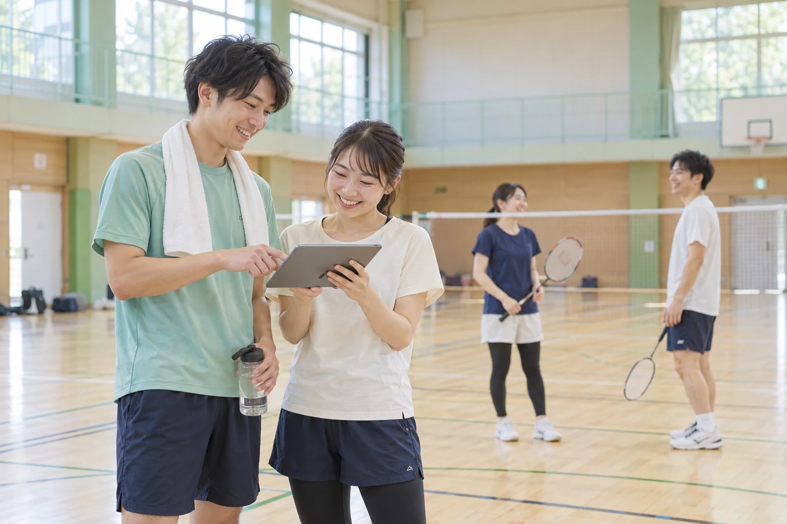 明るい体育館で仲間とタブレットを確認する小規模大会のイメージ
